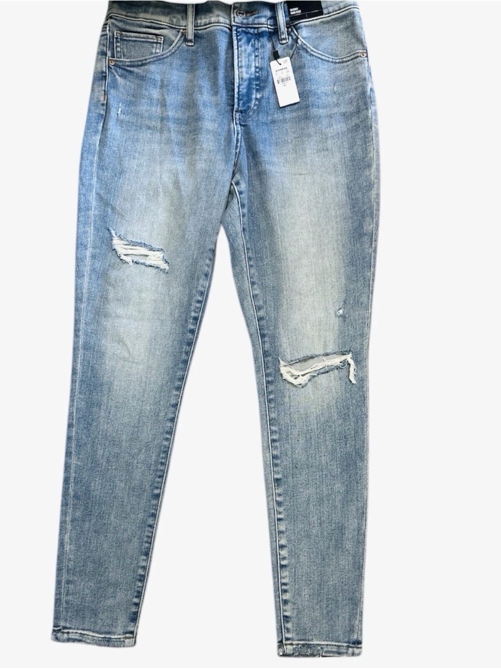 NWT Express High Rise Skinny Jeans Light wash Women’s 8 Long White & Gold Patch